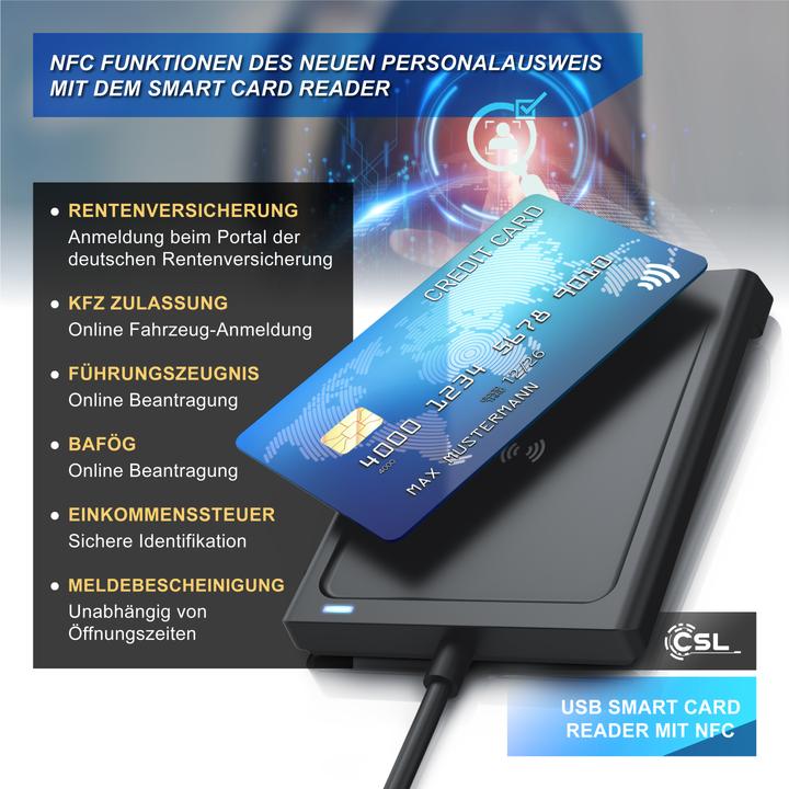 Produktbild CSL Chipkartenleser USB C Smart Card Reader, NFC, SIM Kartenlesegerät, kompatibel mit Mac OS X, Win 11 (USB)