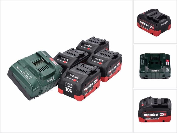4x Metabo LiHD Akkupack 18 V 10,0 Ah CAS System ( 625549000 ), 1x Metabo ASC 145 Ladegerät ( 627378000 )