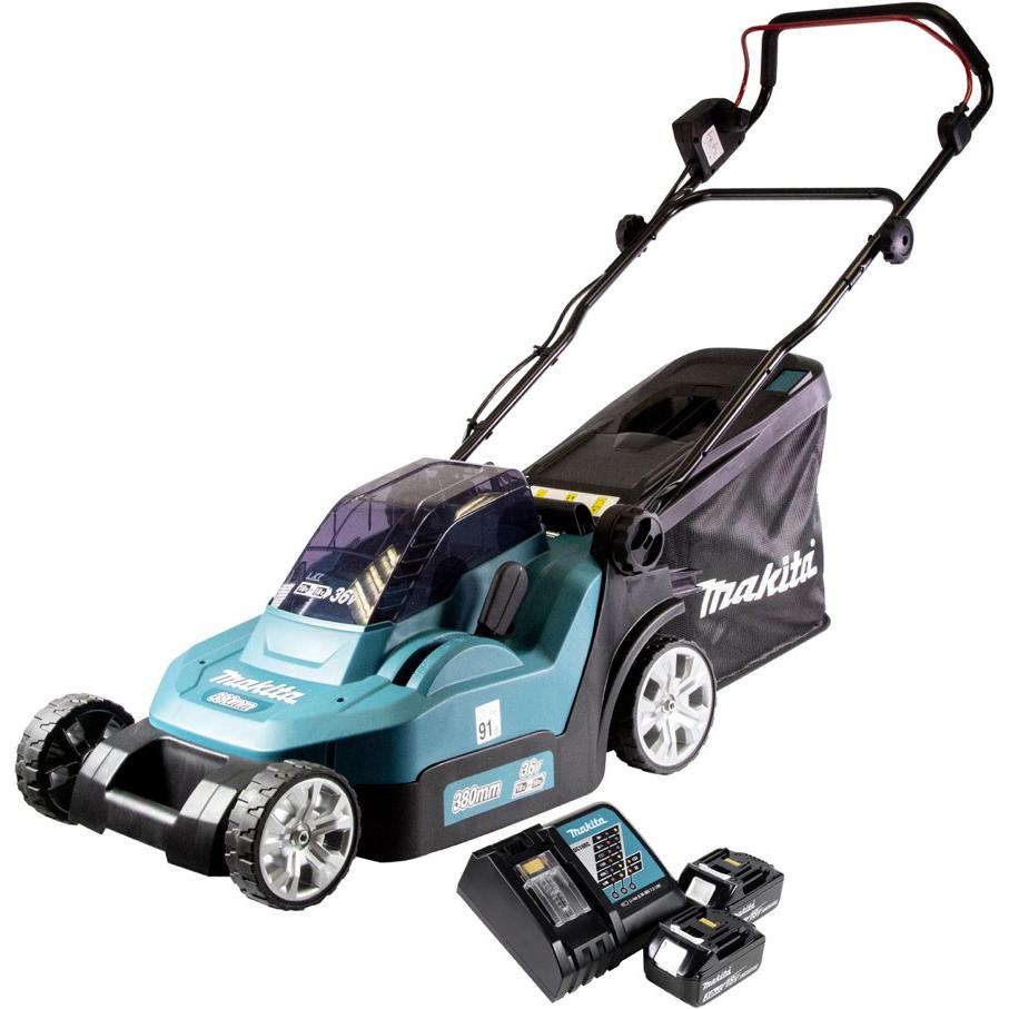 Thumbnail - Makita, Rasenmäher, DLM 382 RF2 Akku Rasenmäher 36 V ( 2x 18 V ) 38 cm 40 l + 2x Akku 3,0 Ah + Ladegerät (Akkubetrieb)