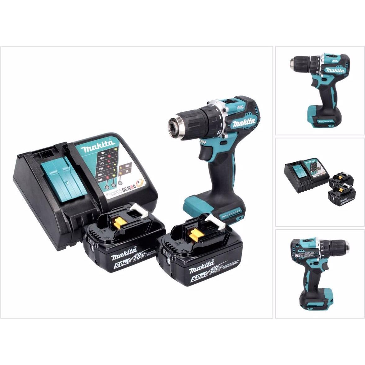 Makita, Bohrmaschine + Akkuschrauber, DDF 487 RT Akku Bohrschrauber 18 V 40 Nm Brushless + 2x Akku 5,0 Ah + Ladegerät (A...
