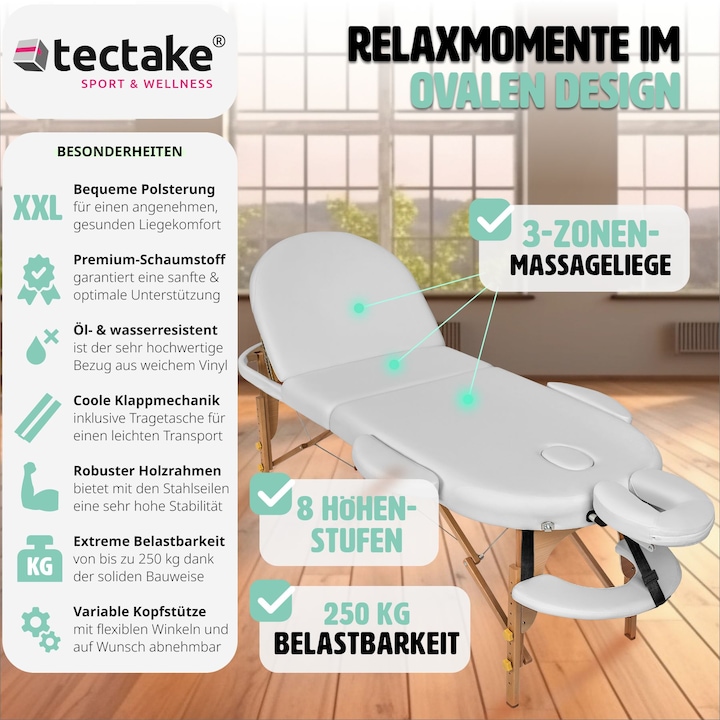 Immagine prodotto tectake Lettino da massaggio Sawsan a 3 zone, con 5 cm di imbottitura, rulli e supporto in legno