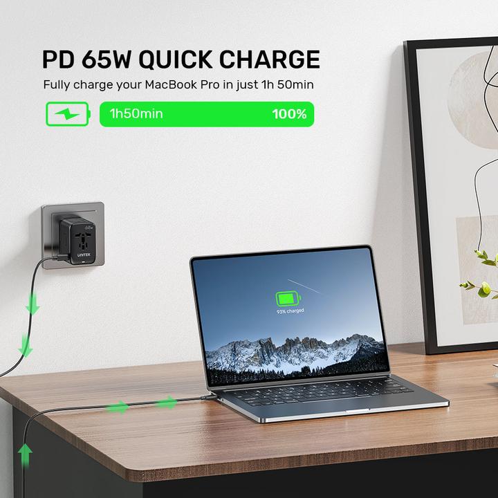 Actual product image Unitek riad EU/US/UK/AUS PD 65 watt travel charger (65 W, 4 ports)