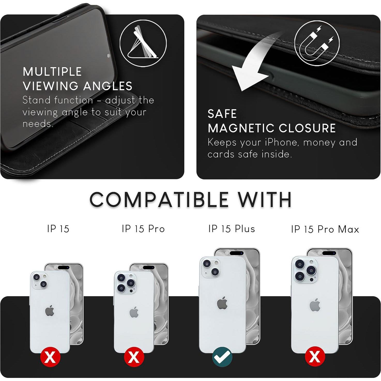 Thumbnail - Nalia Echt Leder Flip Case Hülle mit Magnetverschluss (Apple iPhone 15 Plus), Smartphone Hülle, Schwarz