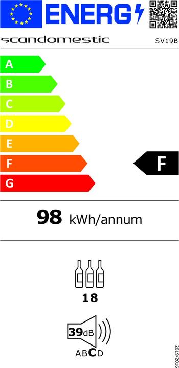 Label énergétique Scandomestic SV 19 B - Cave à vin - 1 zone - largeur : 29,5 cm - profondeur : 56,1 cm - hauteur : 86,5 cm - -