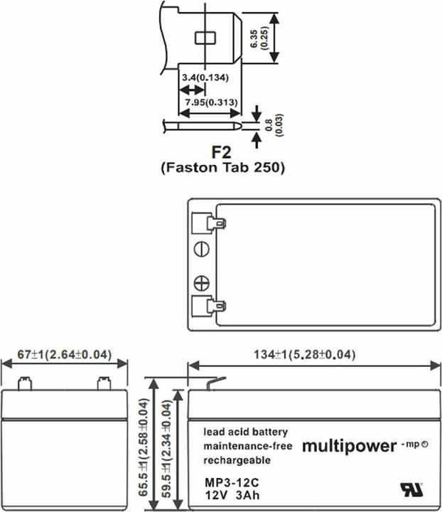Actual product image Multipower MP3-12C Blei Akku 6,3mm Faston Stecker, zyklenfeste Ausführung (12 V, 3 Ah)