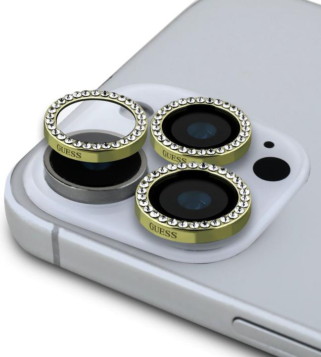 Guess Fixed Glliter Protective Lens für Apple iPhone 16 Pro, 16 Pro Max - gold (1 Stück, Apple iPhone 16 Pro Max, Apple iPhone 16 Pro)