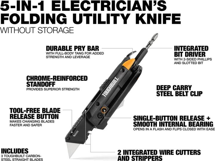 Produktbild ToughBuilt Elektriker-Klappmesser mit Bithalter + Brecheisen (Cutter)