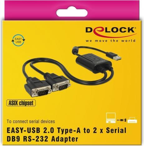 Produktbild Delock Adapter USB-A>2x Seriell DB9 RS-232 (USB 2.0, RS-232, 60 cm)