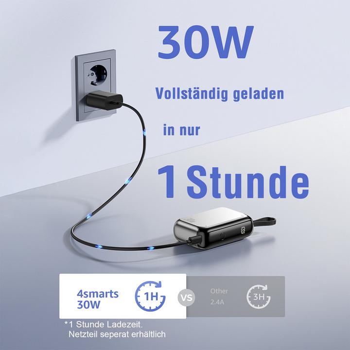 Produktbild 4smarts Powerbank Mit integriertem USB-C Kabel 10000 mAh, Silber (10000 mAh, 30 W, 37 Wh)