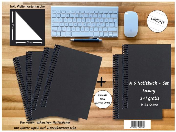Actual product image A 6 notebook - set, 4+2 free, Luxury 80 pages BLACK ONYX GLITTER OPTICS, lined (A6, Lined, No binding)