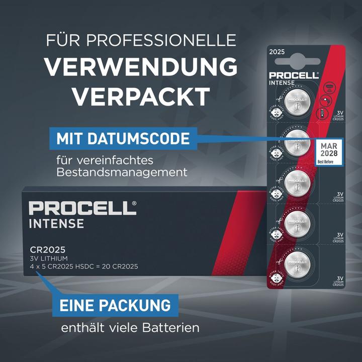 Produktbild Duracell Batterie Procell - CR2025 Intense Lithium 5er Blis (5 Stk., CR2025, 165 mAh)