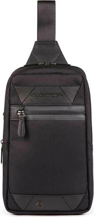 Piquadro Trakai, Leather & Fabric, Mono Sling, Textile Crossbody Bag, Blac