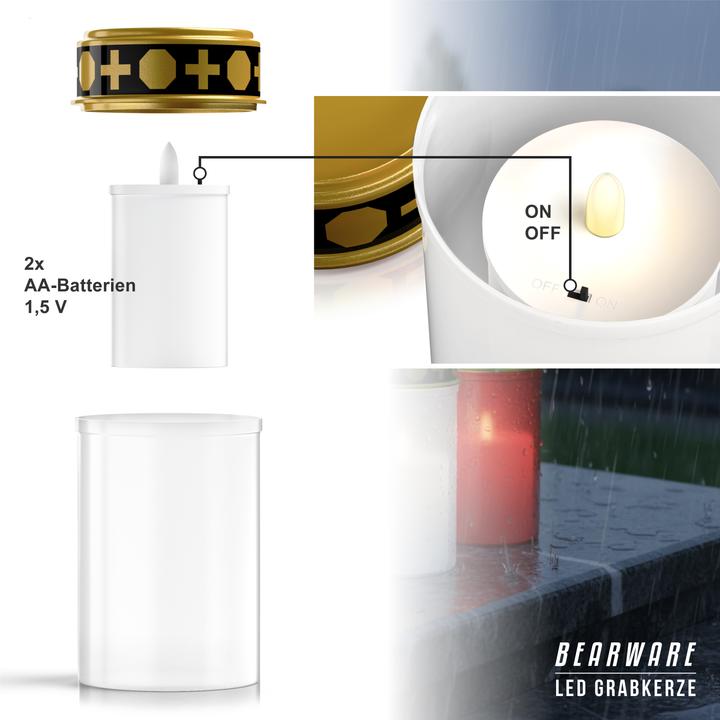 Actual product image Bearware 3x LED Grablicht, Wassergeschützt, Flackereffekt, 1 Monat Leuchtdauer, inkl. Batterien, Weiss/Gold (3x)