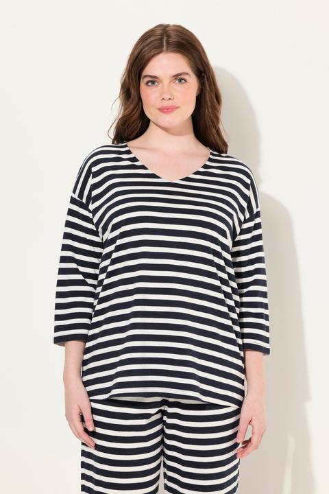 Produktbild Ulla Popken Pyjama-Shirt, Ringel, V-Ausschnitt, 3/4-Arm (42, 44)