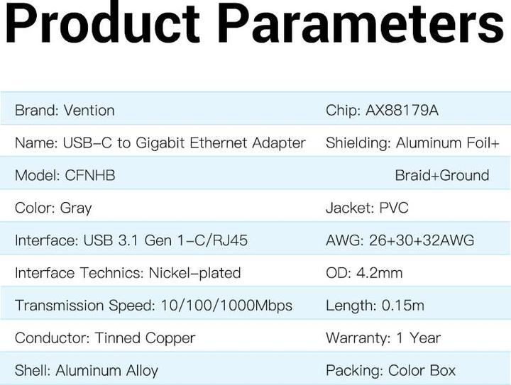 Valori nutrizionali e ingredienti Vention Adattatore da USB-C a Gigabit Ethernet 0,15 m grigio in lega di alluminio Tipo (RJ45, USB-C, RJ45 Gigabit Ethernet (1x))