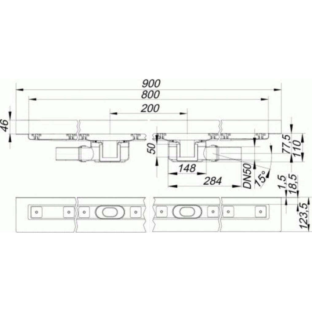 Thumbnail - Dallmer, Duschrinne, Duschrinne CeraLine 2 Abläufe W 521859, 800mm, DN 50 Bauhöhe 110mm (1045 mm)