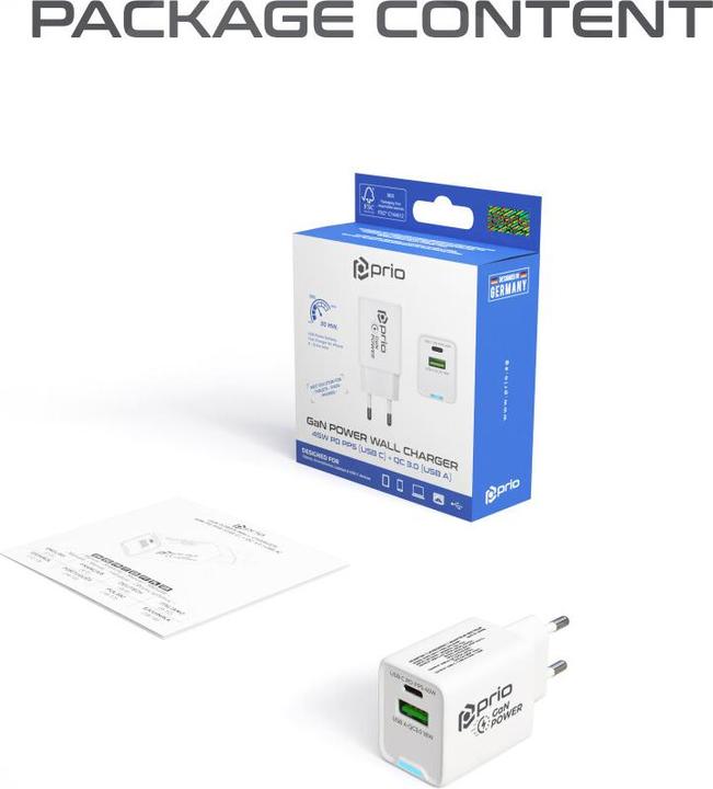 Immagine prodotto prio Caricatore da parete GaN Power 45W PD PPS (USB C) + QC 3.0 (USB A) bianco (45 W)
