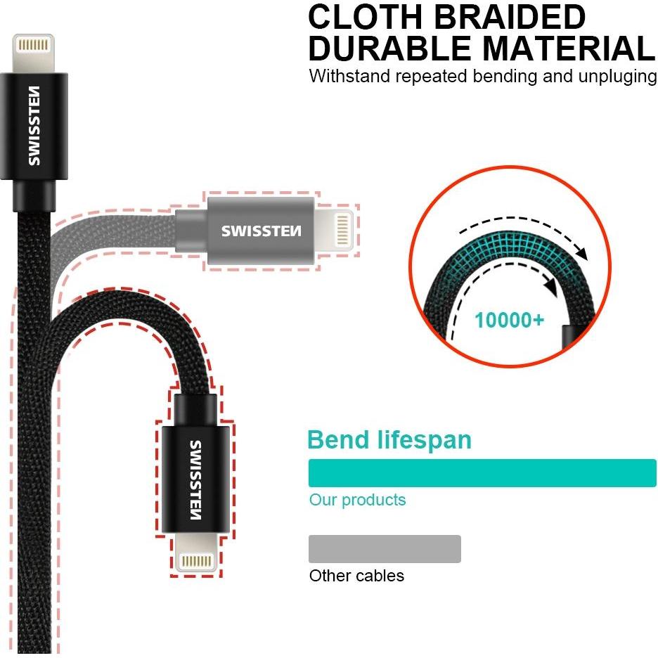 Thumbnail - Swissten Datenkabel Textil USB / Lightning MFi 1.2 M (1.20 m, USB 2.0), USB Kabel