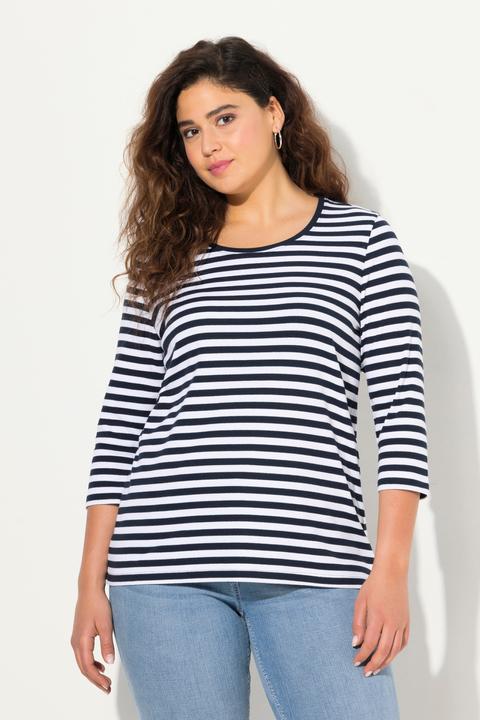 Immagine prodotto Ulla Popken Maglia in jersey a costine con righe, scollo a girocollo e maniche a 3/4 (46, 48)