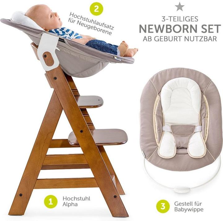 Produktbild Hauck Hochstühle Alpha Plus Walnut Newborn Set - 3-tlg. Hochstuhl (Hochstuhl)