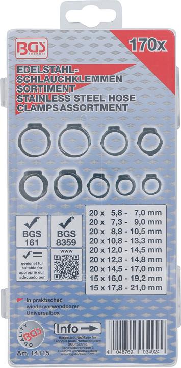 Actual product image BGS Stainless Steel Hose Clamp Assortment Ø 5.8 - 21 mm 170 pcs. (Hose clamp, 21 mm)