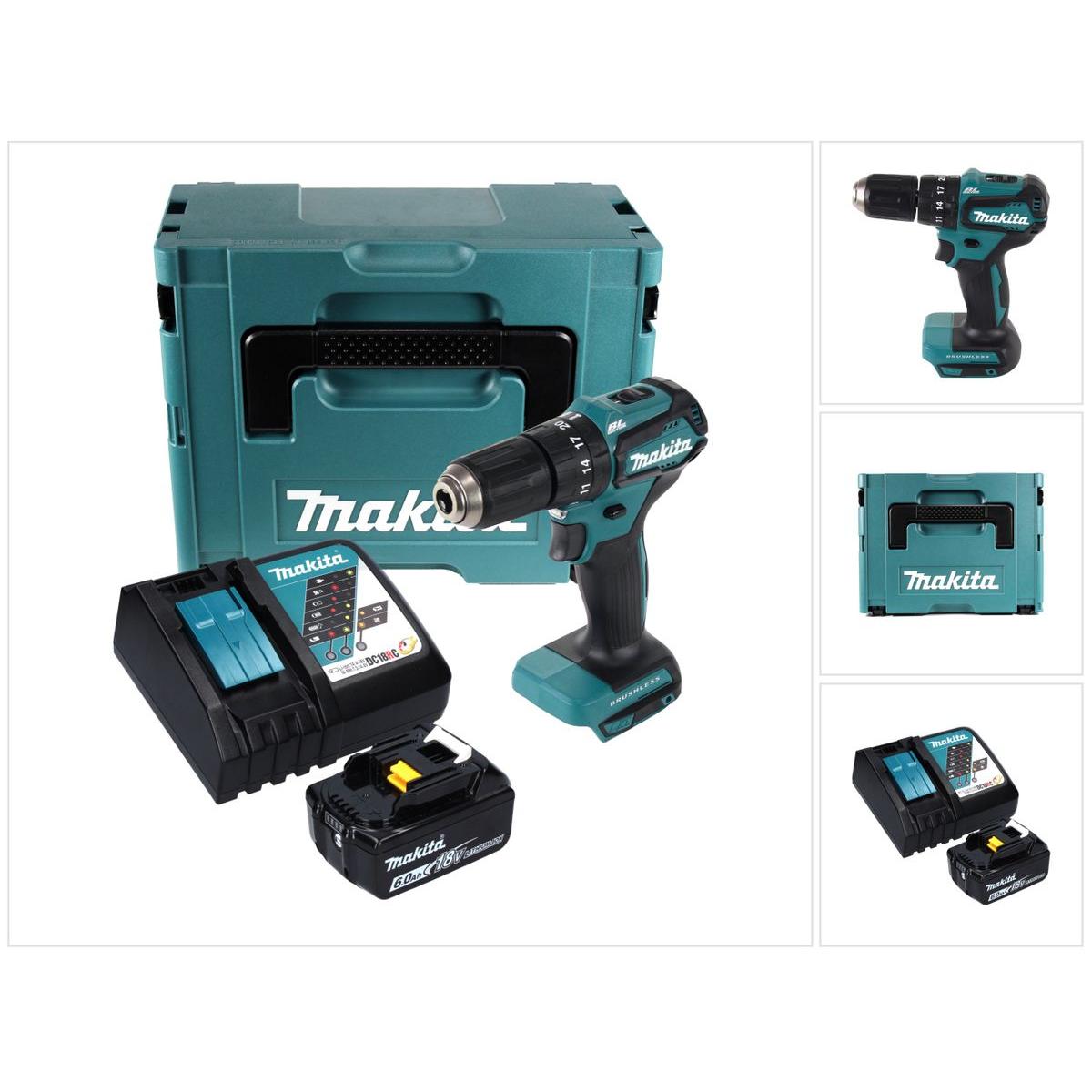 Makita, Bohrmaschine + Akkuschrauber, DHP 483 RG1J Akku Schlagbohrschrauber 18 V 40 Nm + 1x Akku 6,0 Ah + Ladegerät + Ma...