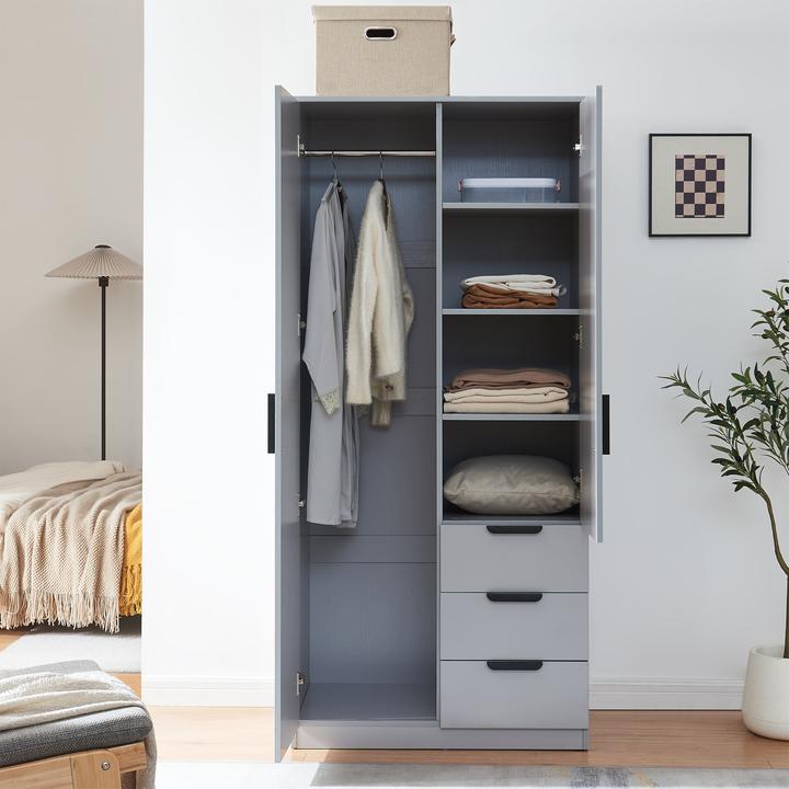 Produktbild En.Casa Kleiderschrank Eiselfing 176x80x52 cm 3 Schubladen Grau