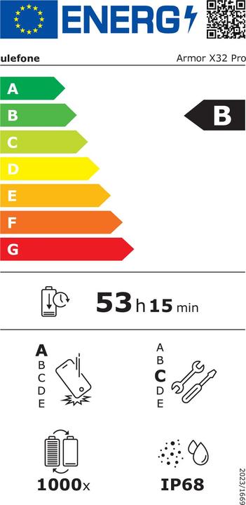 Label énergétique Ulefone Armor X32 Pro EU (256 Go, Futur noir, 5.65", Double SIM, 5G)