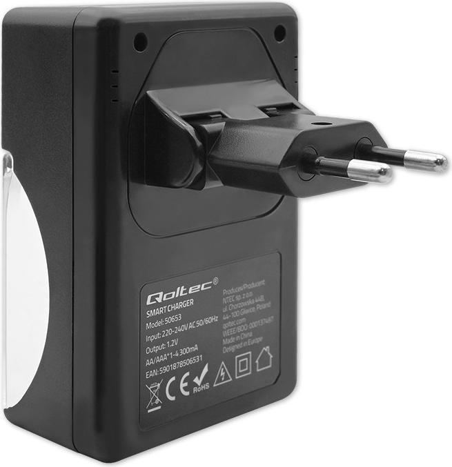 Image du produit Qoltec 50653 Chargeur de batterie pour Ni-MH type R03/AAA R6/AA (1 pcs, AAA, AA, 3000 mAh)