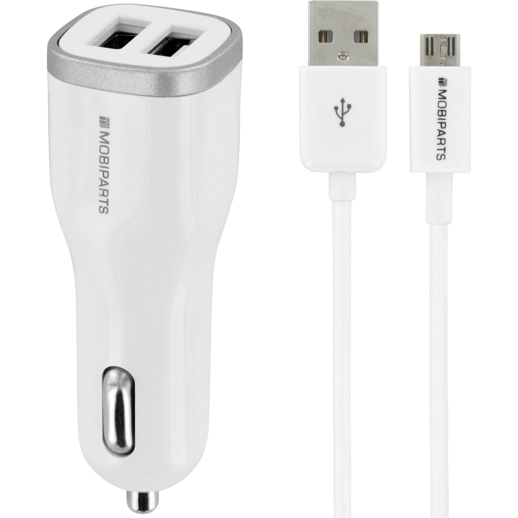 Mobiparts Car Charger Dual USB 12W/2.4A + Micro USB Cable White, Adattatore per auto, Bianco