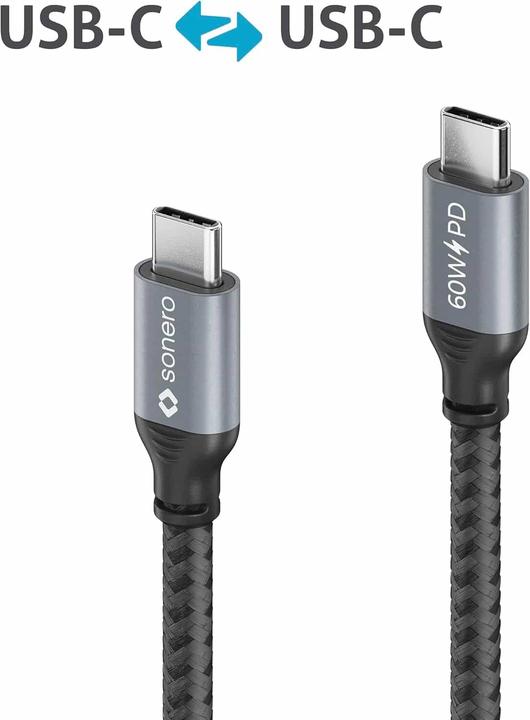 Immagine prodotto Sonero Cavo di ricarica da USB-C a USB-C - USB 2.0, 60W PD grigio/nero - 1,50 m (1.50 m, USB 2.0, 60 W)