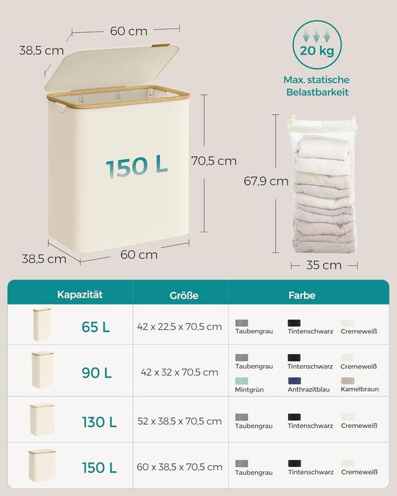 Produktbild Songmics Wäschekorb mit Deckel 3 Fächer (150 l)