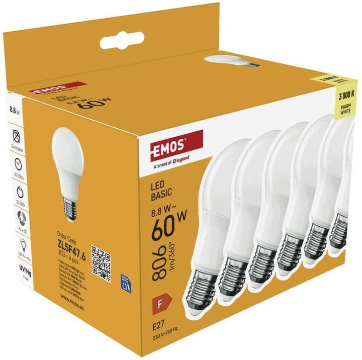 Immagine prodotto Emos LED BASIC A60 8,8W(60W) 806lm E27 WW 6PC (E27, 806 lm, 6x)