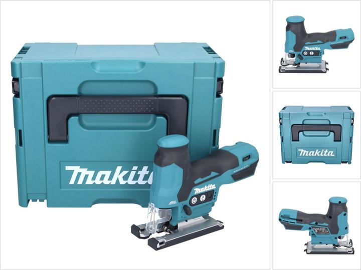1x universeel inzetstuk, 1x Makita DJV 185 Z snoerloze decoupeerzaag met pendelaandrijving, 1x Makita MAKPAC kunststof koffer, 1x kunststof schuifschoen (457867-1), zonder oplader, zonder batterij, 1x inbussleutel 3 mm (783201-2), 2x decoupeerzaagblad B-22 (A-85737), 1x zuigmondstuk (413F05-1), 1x beschermhoes (458191-5), 2x decoupeerzaagblad B-10 (A-85628), 2x decoupeerzaagblad BR-13 (A-85793)