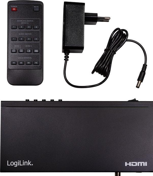 Actual product image LogiLink HDMI Switch 4x1-Port, Multiviewer, 1080p/60 Hz, Scaler, Seamless, RC