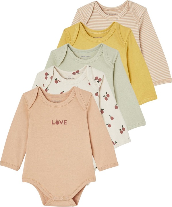 Image du produit Vertbaudet Lot de 5 bodies bébé manches longues à enfiler en coton bio avec fruits (56)