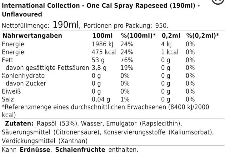 Valeurs nutritives et ingrédients International Collection Spray de cuisson (190 ml)