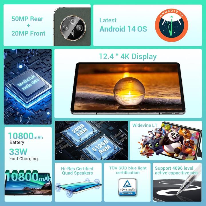 Produktbild Doogee Android 14 Tablet mit 4K-Display, Helio G99, 20 GB RAM, 512 GB Speicher, 10800 mAh Akku (4G, 12.40", 512 GB)
