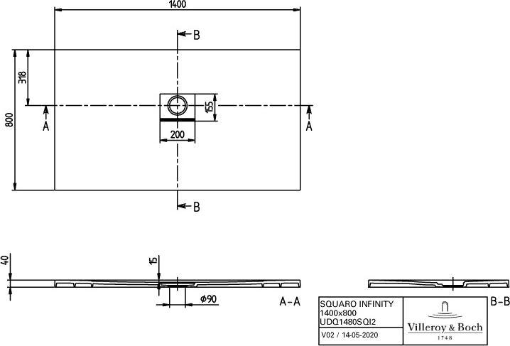 Produktbild Villeroy & Boch V&B Duschwanne SQUARO INFINITY R-eck1400x800x40mm anthrazit
