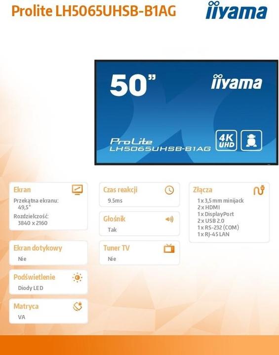 Produktbild iiyama 50" 3840x2160, UHD VA panel, Haze 25%, 8 (3840 x 2160 Pixel, 49.50")