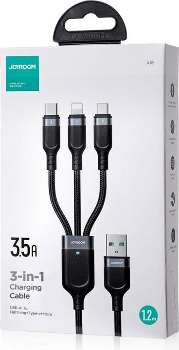 Produktbild Joyroom Multi-Use Series 3-in-1-Kabel S-1T3018A18 Lightning USB-C Micro-USB 1,2 m – Schwarz (1.20 m, USB 3.2 Gen 1)