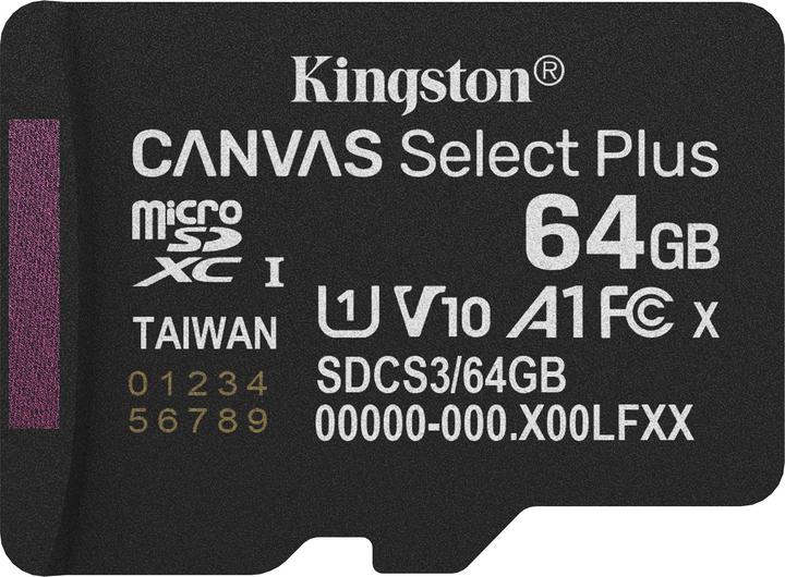 Actual product image Kingston Canvas Select Plus microSDXC 64GB Gen3 (64 GB, microSDXC, U1, UHS-I)