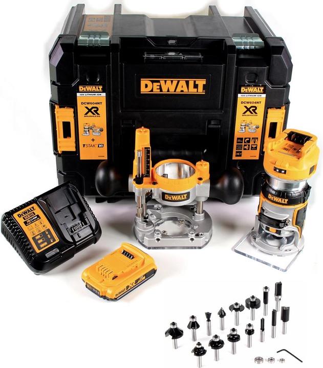 Produktbild DeWalt DCW 604 D1 Akku Kombifräse 18V 55mm + 1x Akku 2,0 Ah + 1x Schnellladegerät + Bosch 18 teilige