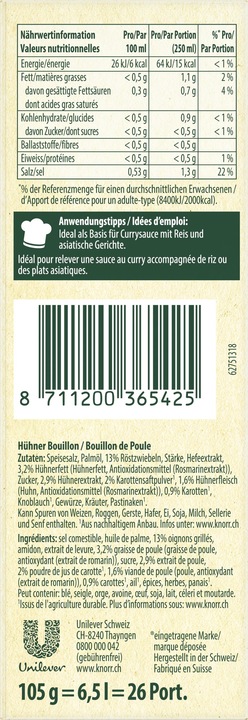 Valeurs nutritives et ingrédients Knorr Bouillon de poulet (6500 ml)