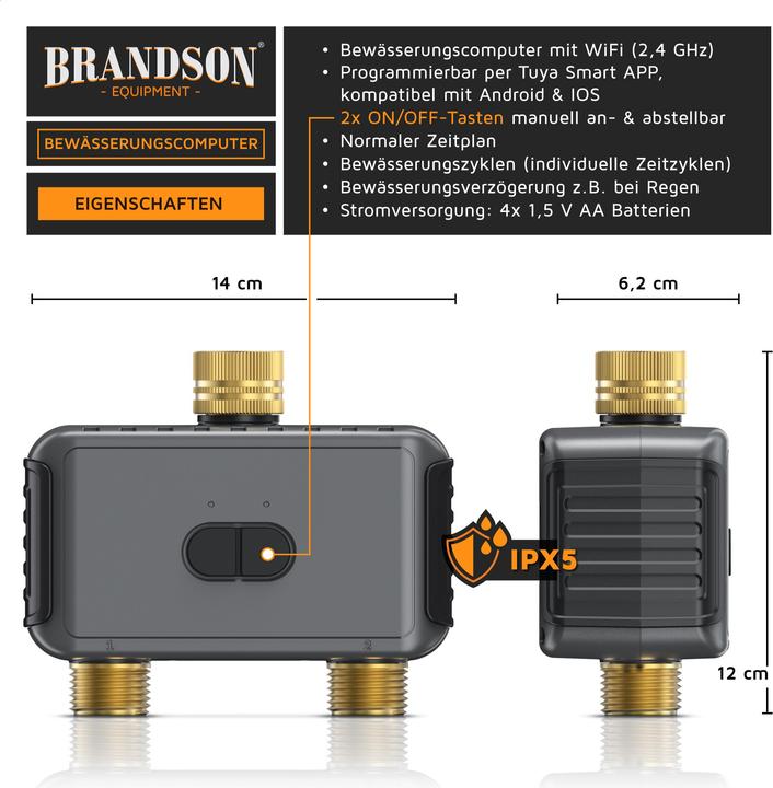 Actual product image Brandson Smarter Bewässerungstimer WLAN/App, 2-Zonen, Tuya, Alexa/Google, Regenverzögerung, Adapter-Set, IPX5
