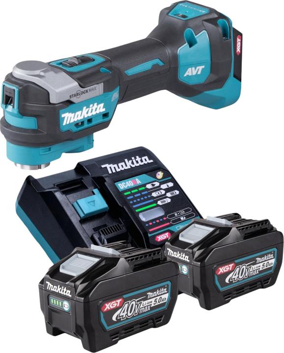 1x Makita TM 001 GZ Akku Multifunktionswerkzeug, 2x Makita BL 4050 F 40 V max. 5,0 Ah, 5000 mAh Li-Ion Akku, 1x Makita DC 40 RA 40 V Schnell Ladegerät