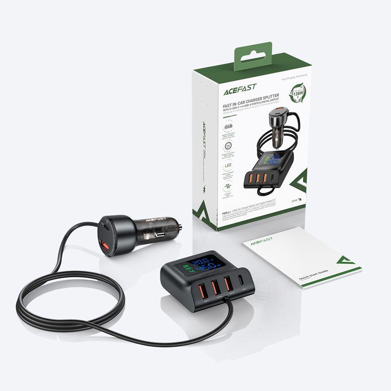 Thumbnail - Acefast B11 138 W USB-A USB-C Autoladegerät mit 6 Anschlüssen – Schwarz, Auto Adapter, Silber