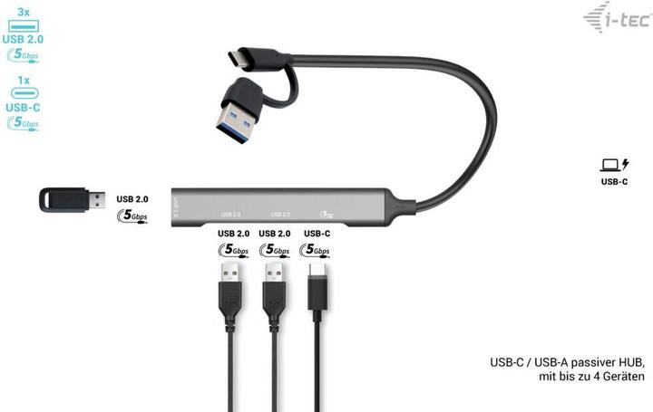 Produktbild i-tec USB-A/USB-C Metal HUB 1x USB-C 3.1 + 3x USB 2.0 (USB-A, USB-C, 4 Ports)