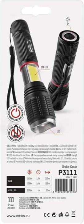Produktbild Emos COB LED+LED Metall-Taschenlampe P3111, 230 lm, 3x AAA, Fokus (15 cm, 230 lm)