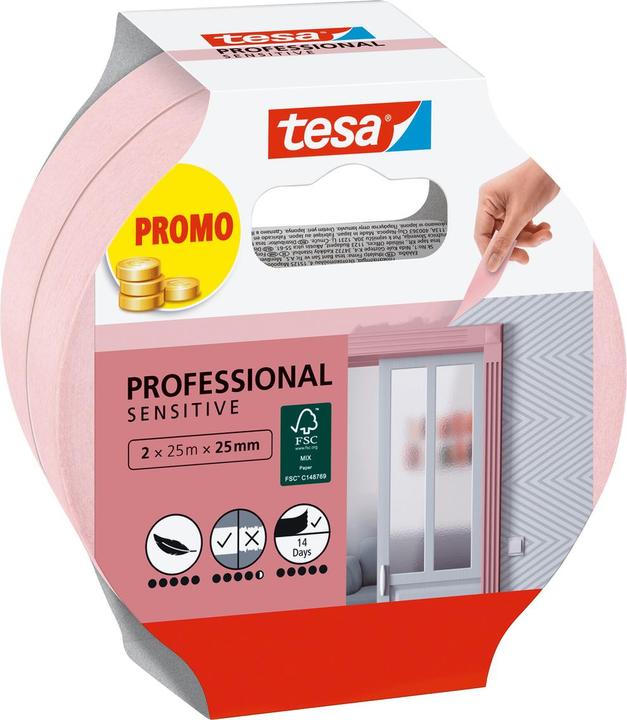 Produktbild tesa 2x Malerkrepp SENSITIVE, Malerband für empfindliche Oberflächen, Zweierpack (25 mm)